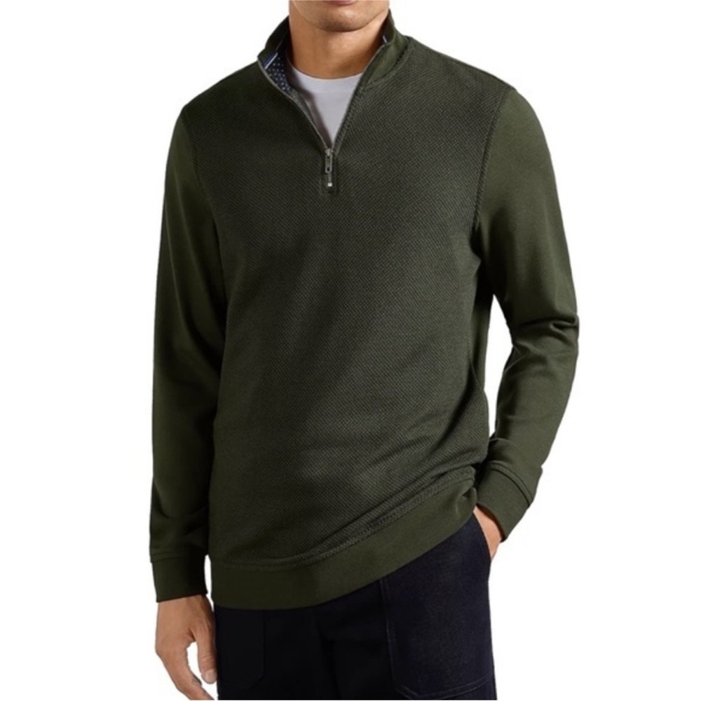 Ted Baker Green Cotton Modal‎ Texture Knit Stretch Jersey Caravan Quarter Zip